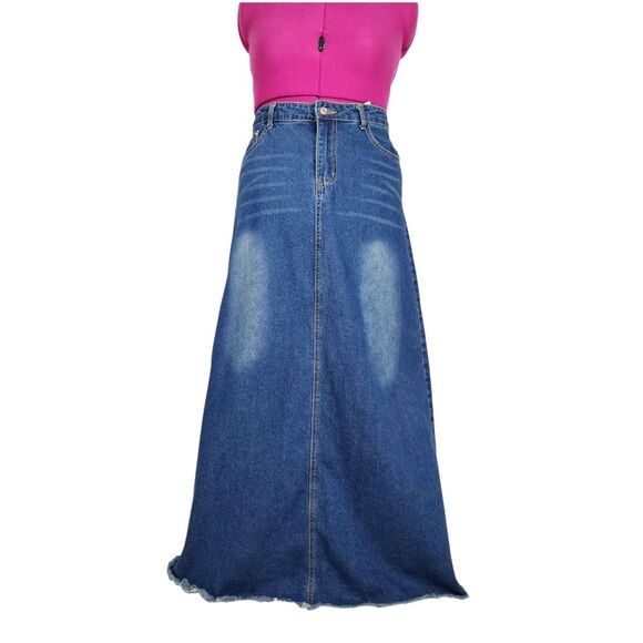 Denim Skirt Maxi Skirt Frayed Hem Jean Skirt Long To The Floor A-line M - Picture 4 of 11
